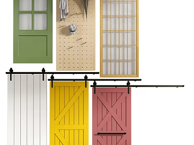 Barn Doors In Various Colors Green Yellow Pink White With Grid Design And Sliding Rail 3d model