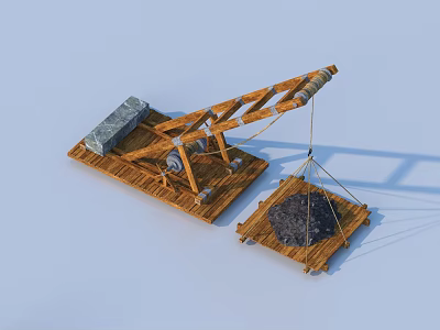 Wooden Industrial Mechanical Lifting Equipment With Counterweight And Stone Loading Platform 3d model