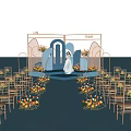 Garden Landscape With Blue Carpet Colorful Flower Arrangements And Geometric Metal Frames