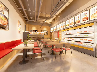 Modern Hot Pot Restaurant Interior With Open Kitchen Red Booth Seats And Food Display Cabinets 3d model