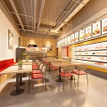 Modern Hot Pot Restaurant Interior With Open Kitchen Red Booth Seats And Food Display Cabinets