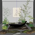 Serene Indoor Landscape With Gray Wall Minimalist Art Tree-like Plants Ferns Moss And White Stones
