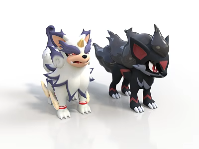 Two Cartoon Animal Characters With White Blue Mane And Black Red Eye Features 3d model