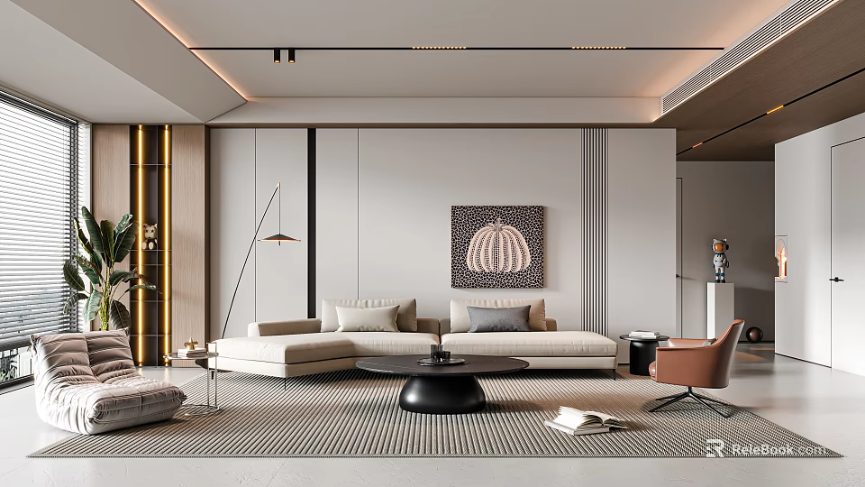 Modern Living Room Interior Design With Sofa Coffee Table Area Rug Artwork And Floor Lamp 3d model 