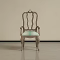 Classic Wooden Dining Chair With Ornate Carved Backrest Armrests And Pastel Upholstered Seat