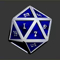 Blue Polyhedral Dice With Silver Border Numbers And Symbols For Tabletop Games