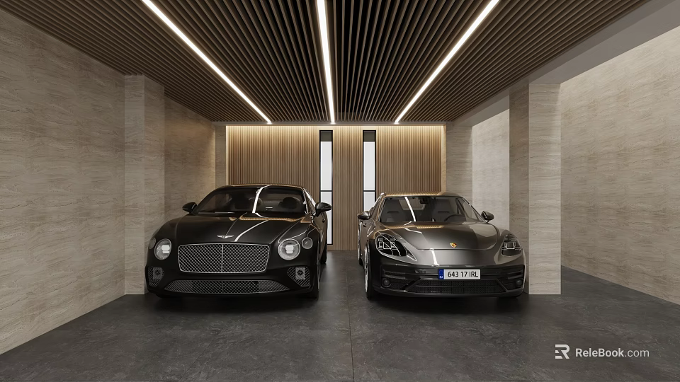 Luxury Cars Parked in Modern Garage with Wooden Walls Ceiling Light Strips and Dark Floor 3d model 