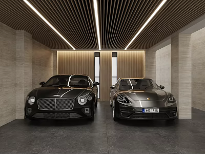 Luxury Cars Parked in Modern Garage with Wooden Walls Ceiling Light Strips and Dark Floor 3d model