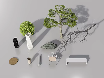 Decorative Ornament Set With Green Trees Natural Stones Chair Bench Round Mat And Cylindrical Ornaments 3d model