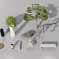 Decorative Ornament Set With Green Trees Natural Stones Chair Bench Round Mat And Cylindrical Ornaments