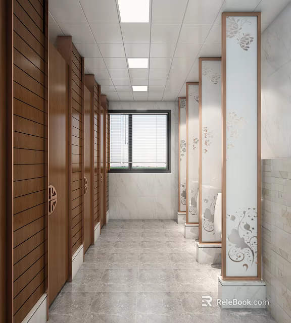 Modern Public Restroom Interior With Wooden Cubicles Patterned Decorations Marble Walls And Windows 3d model 