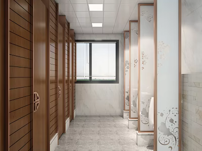 Modern Public Restroom Interior With Wooden Cubicles Patterned Decorations Marble Walls And Windows 3d model