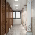 Modern Public Restroom Interior With Wooden Cubicles Patterned Decorations Marble Walls And Windows