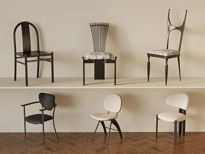 Various Designed Chairs Displayed On Two Shelves With Modern Wooden And Upholstered Styles 3d model