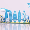 Summer Beach Themed Exhibition Booth With Blue Design Surfboards Palm Tree And Umbrella