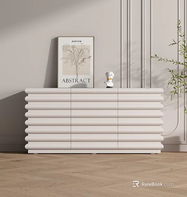 White Console Cabinet with Modern Ribbed Design Abstract Wall Art Small Figurine and Green Plant 3d model 