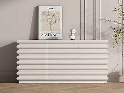 White Console Cabinet with Modern Ribbed Design Abstract Wall Art Small Figurine and Green Plant 3d model