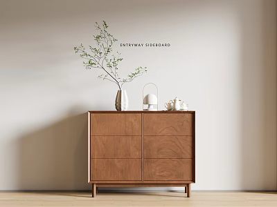 Natural Wooden Entryway Cabinet Sideboard With Green Plant And Decorative Items On Light Wall Background 3d model