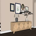 Wooden Entryway Console Table With Table Lamp Vase And Framed Wall 3d model
