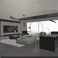 Modern Living and Dining Room Interior With Open Concept Sofa Coffee Table And Large Windows
