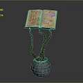 Antique Open Book Display With Branch Like Wooden Stand And Gray Stone Vase Base
