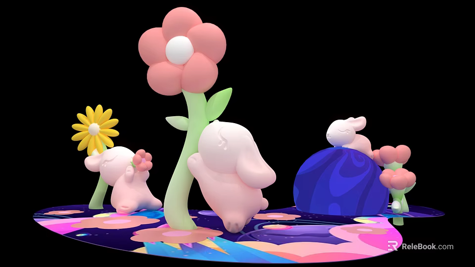 3D Scene With Pink Flowers Yellow Flower Pink Rabbit Dolls Blue Sphere And Colorful Ground 3d model 