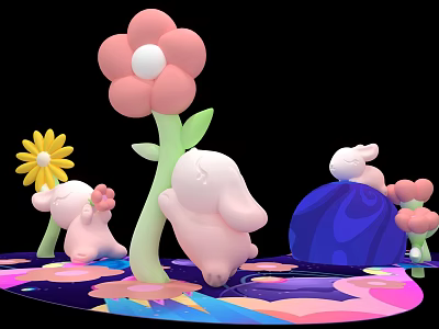 3D Scene With Pink Flowers Yellow Flower Pink Rabbit Dolls Blue Sphere And Colorful Ground 3d model