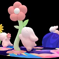 3D Scene With Pink Flowers Yellow Flower Pink Rabbit Dolls Blue Sphere And Colorful Ground