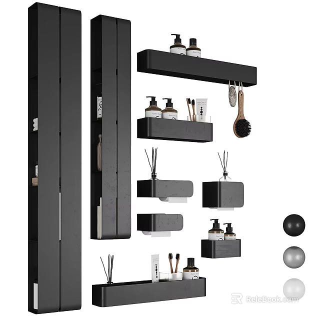 Modern Black Bathroom Accessories Set With Wall Shelves Bottles Brush And Mirror 3d model 