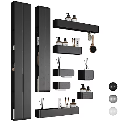 Modern Black Bathroom Accessories Set With Wall Shelves Bottles Brush And Mirror 3d model