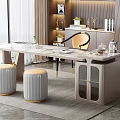 Modern Home Office Desk With Marble Tabletop Two Orange Stools Near Large Window 3d model