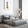 Modern Bedroom With Gray Upholstered Bed Frame Gold Nightstands And Wall Art