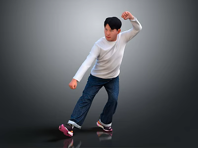 Man In White Long Sleeve Shirt And Blue Jeans Doing Punching Gesture On Gray Background 3d model