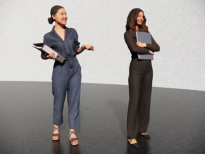 Two Women Wearing Blue And Black Jumpsuits Holding Folders In Presentation Space 3d model