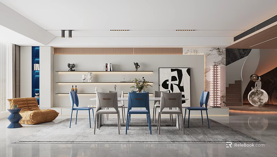 Modern Restaurant Interior With White Walls Wooden Trim Artwork Blue And Gray Dining Chairs 3d model 
