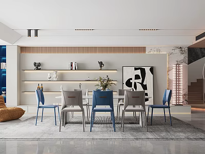 Modern Restaurant Interior With White Walls Wooden Trim Artwork Blue And Gray Dining Chairs 3d model