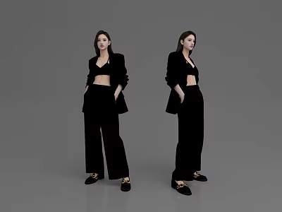 Two Women In Black Blazer Crop Top And Wide Leg Pants Standing Pose 3d model