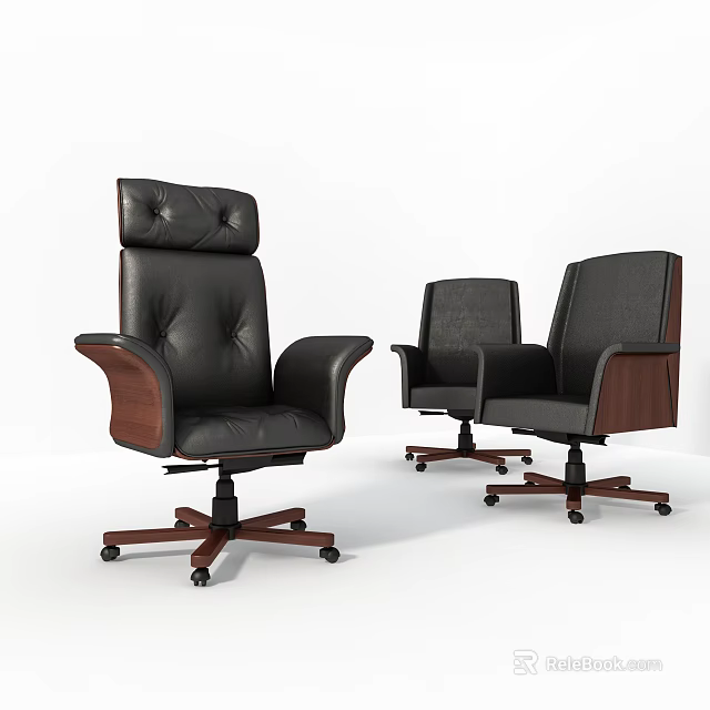 Modern Black Leather Office Chairs with Wooden Armrests and Swivel Wheels 3d model 