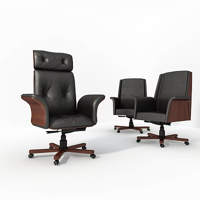 Modern Black Leather Office Chairs with Wooden Armrests and Swivel Wheels 3d model