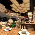Traditional Restaurant Exterior With Brick Wall Green Awning Red Decorations And Entrance Design
