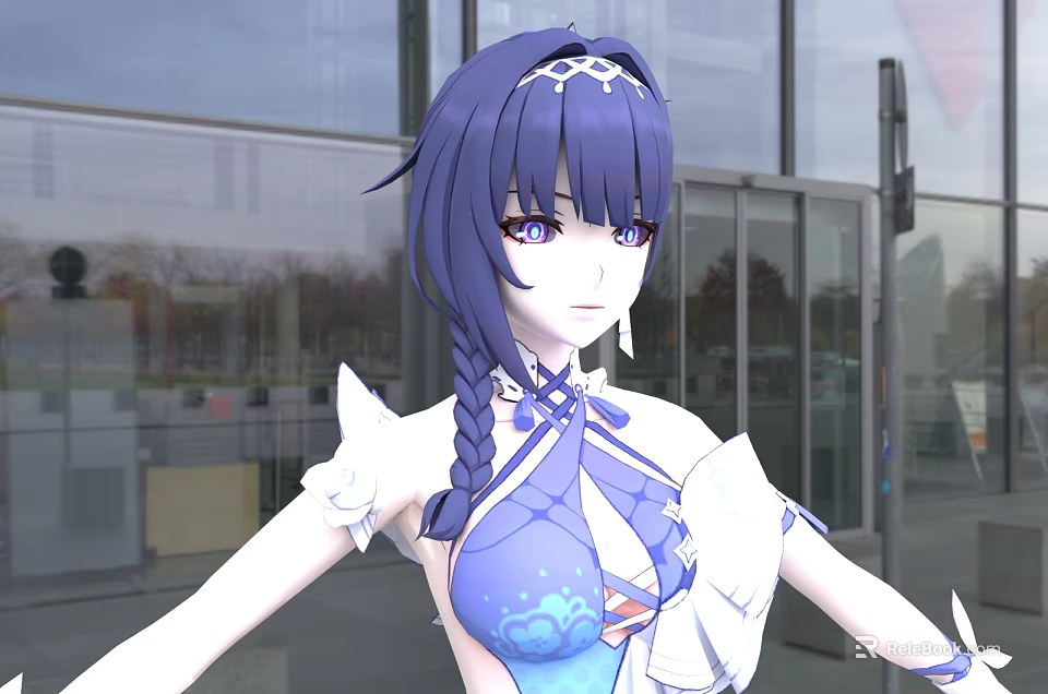 Woman With Purple Long Hair Hair Accessory Blue White Outfit Floral Patterns Near Glass Door 3d model 