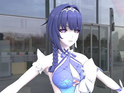 Woman With Purple Long Hair Hair Accessory Blue White Outfit Floral Patterns Near Glass Door 3d model