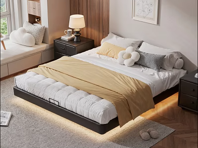 Cozy Modern Bedroom With Yellow Blanket White Quilt And Cloud Shaped Pillows 3d model