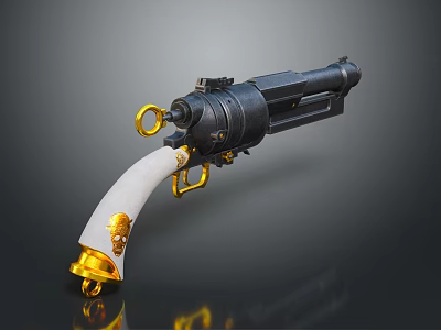 Vintage Pistol with Black Metal Body White Ivory Grip Gold Accents and Golden Trigger Guard 3d model