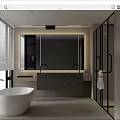 Modern Bathroom Interior With White Bathtub Marble Countertop Large Mirror Open Shower And Window Blinds