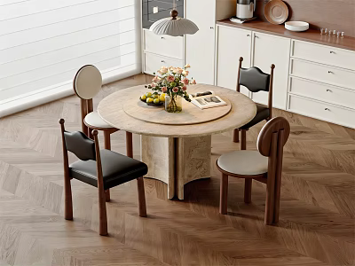 Modern Round Dining Table Set With Wooden Chairs Flower Vase And Fruits On Herringbone Floor 3d model