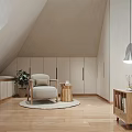 Cozy Attic Bedroom With Sloped Ceiling Pendant Light Wooden Floor And Framed Art