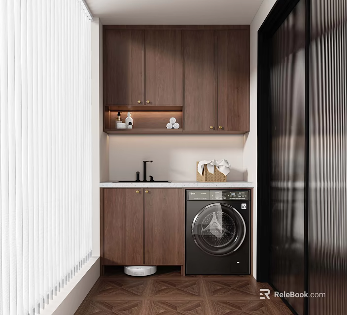 Modern Home Balcony With Wooden Cabinets Washing Machine Sink And Blinds 3d model 