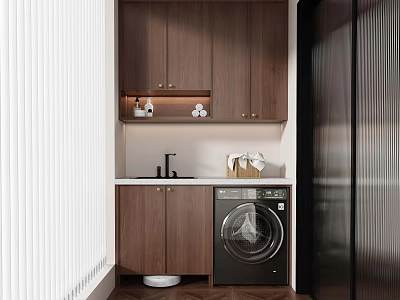 Modern Home Balcony With Wooden Cabinets Washing Machine Sink And Blinds 3d model