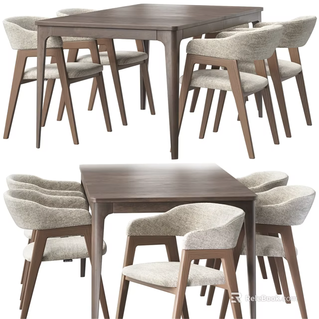 Modern Wooden Table And Chair Set With Beige Upholstered Seats And Natural Legs 3d model 